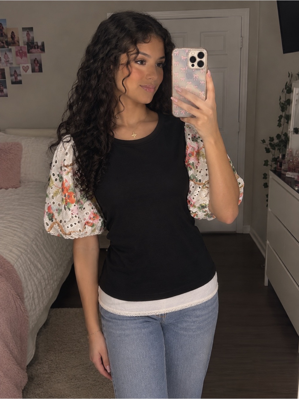 Gracia Black Tee with White Floral Eyelet Puff Sleeves